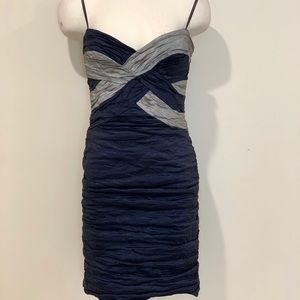 BCBG MAXAZRIA Blue Silver Taffeta Ruched Bandage
